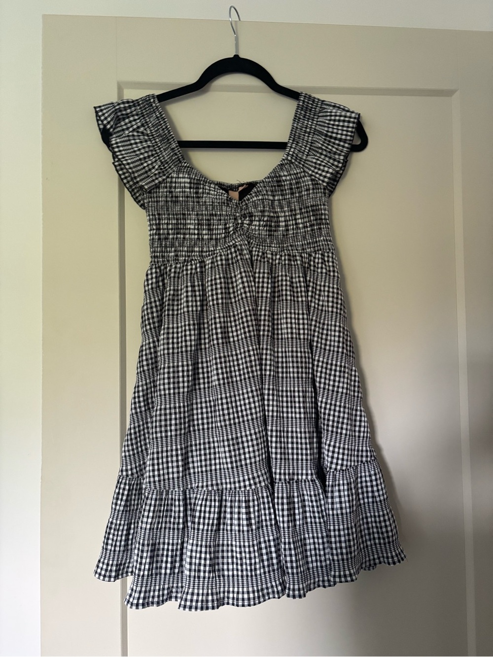 Black and White Gingham Mini Dress with Flutter Sleeves